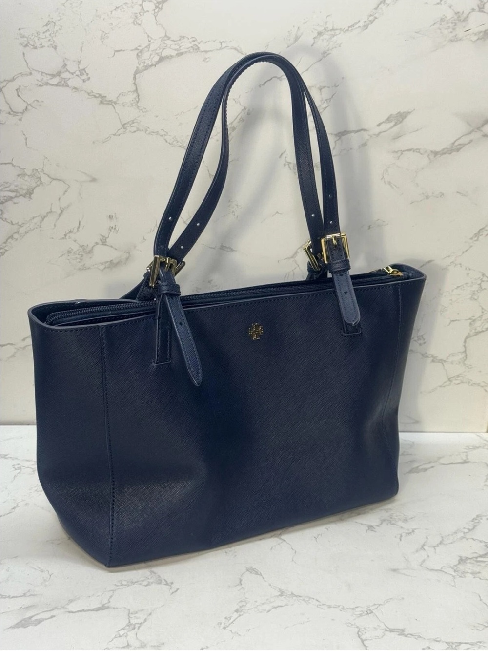 Tory Burch Navy Saffiano Leather Tote with Gold Accents